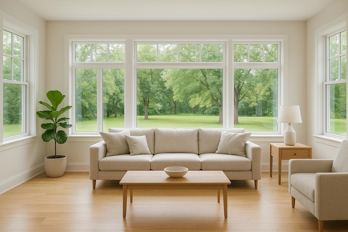 Bright living room with a wall of new white-framed windows looking out on green trees